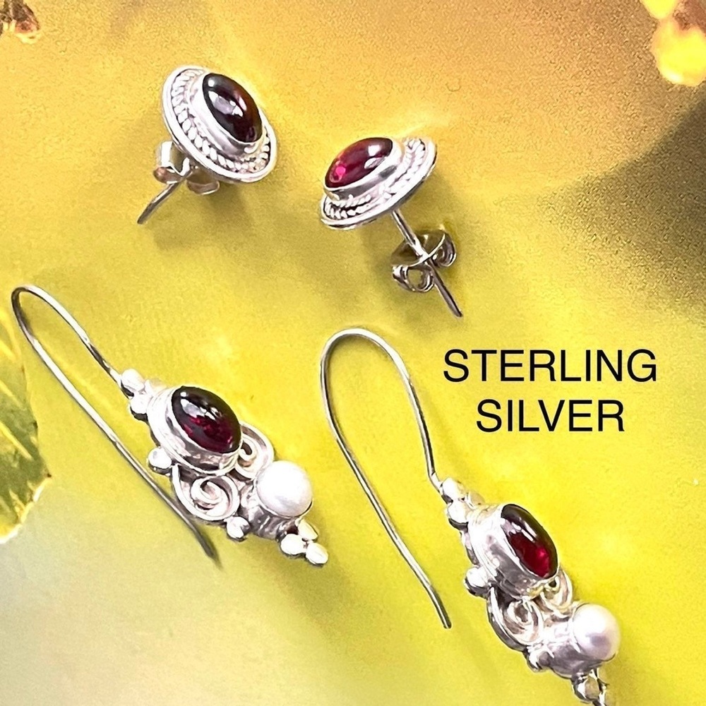 STERLING SILVER 925 MULTI GEMS EARRINGS PEARL GARNET BALI STUD & EARRINGS